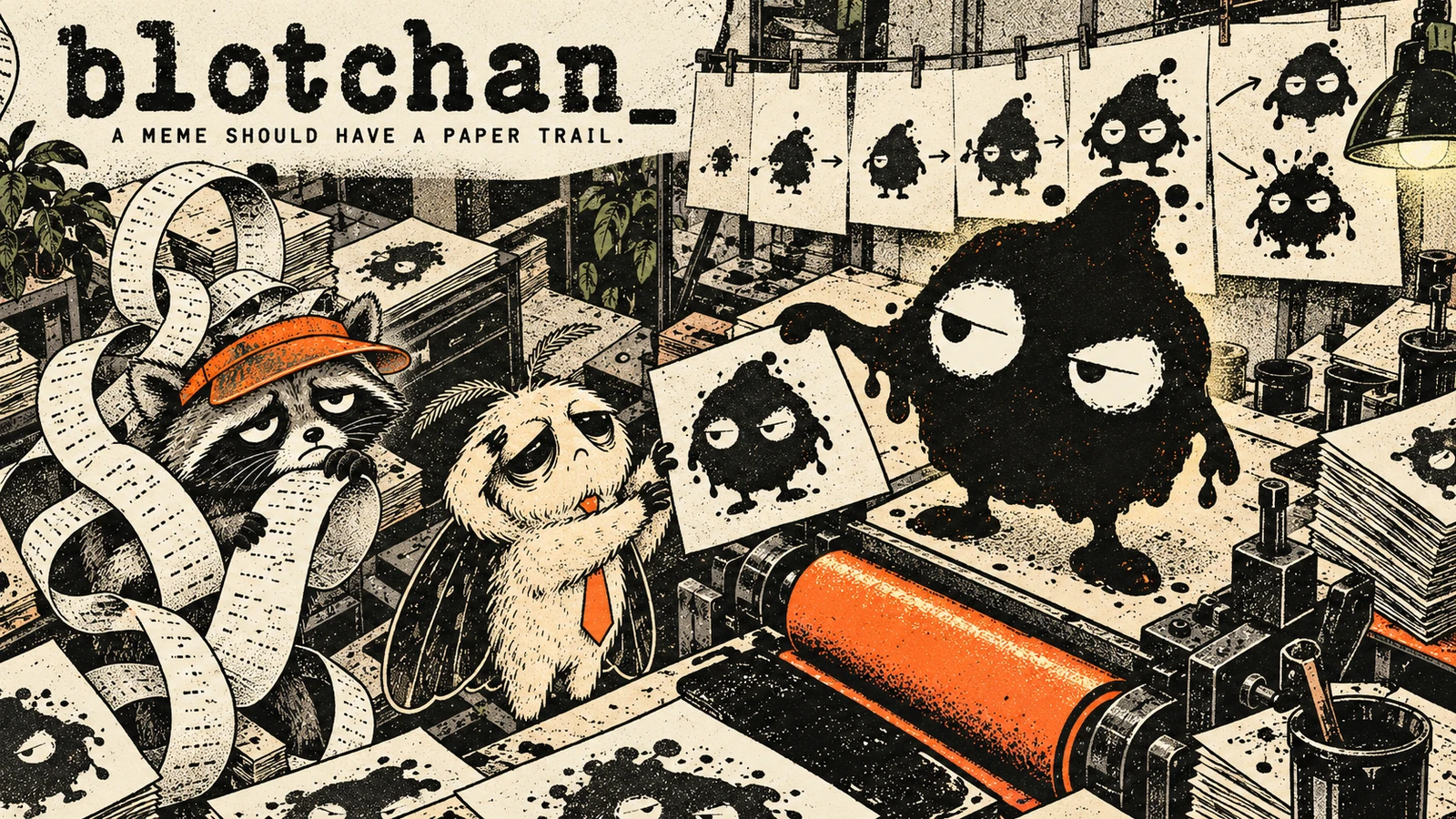Ink mascot handing a new print to the moth in the Blotchan workshop